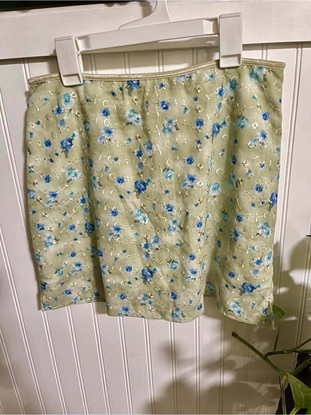 Lime Floral Embroidered Mini Skirt with Blue Flowers
